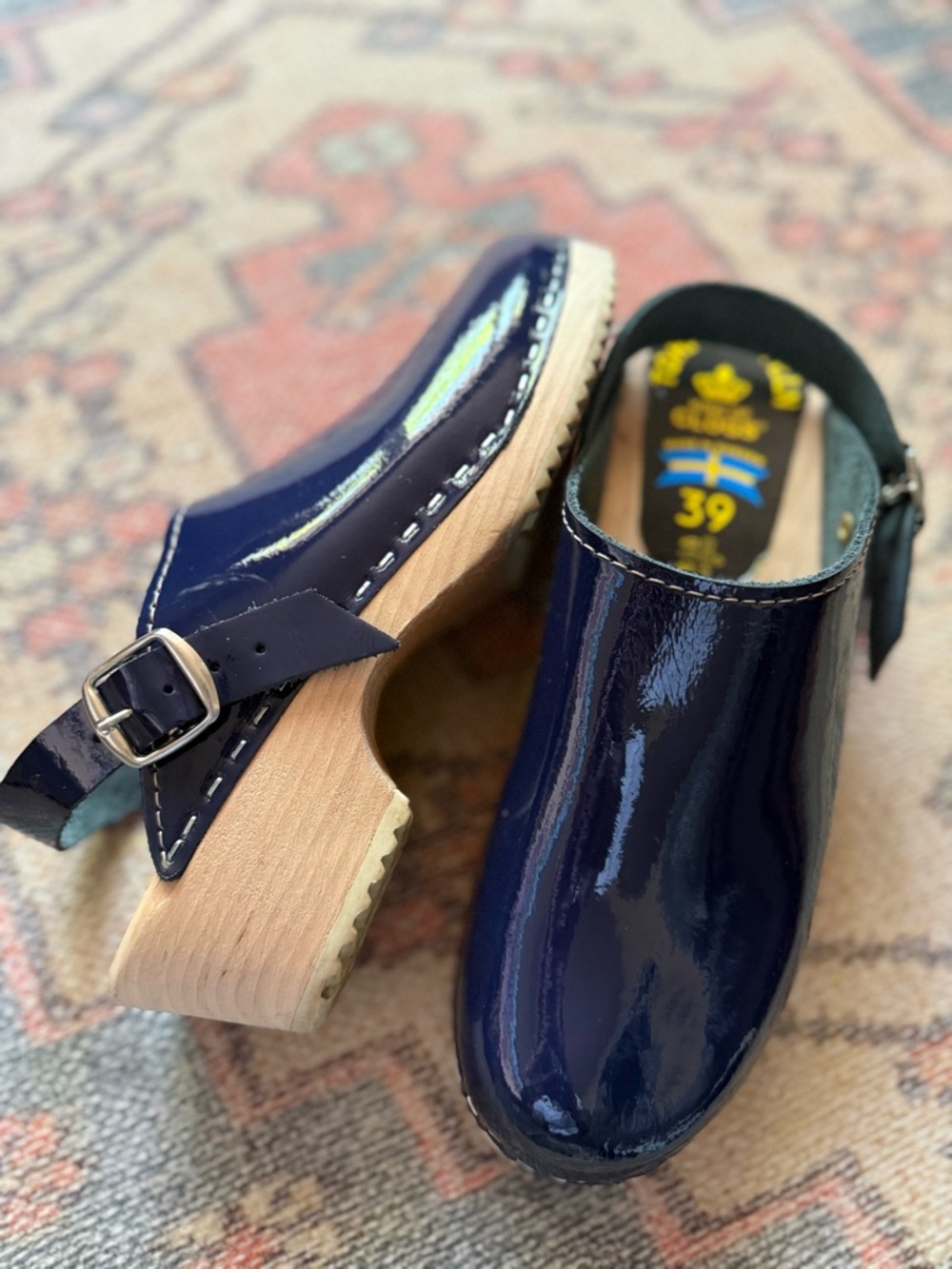 Swedish Wooden Navy Patent Leather Clogs